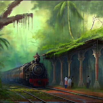AI generated image of a vintage rural railway station in India covered by trees