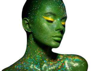 Fashion model woman skin face in bright sparkles, colorful neon lights, beautiful girl sexy lips. Trendy glowing green skin make-up. Art design make up. Glitter metallic shine silver green makeup