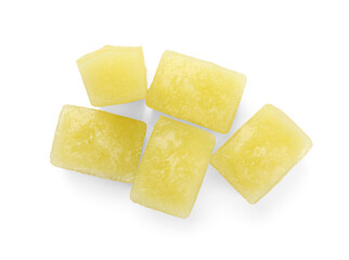 Frozen zucchini puree cubes isolated on white, top view