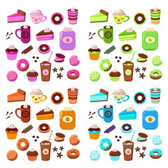 Pink, orange, green, blue colored food vector illustrations set. Collection of cartoon drawings of drinks, snacks of different colors isolated on white background. Desserts, autumn, coziness concept