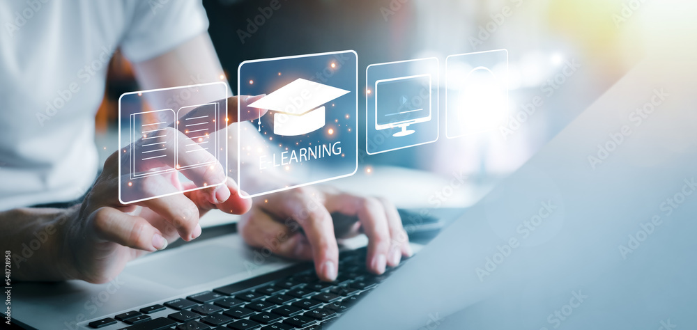 Poster Man with learning language during online courses using netbook. E-learning Education Internet Technology Webinar Online Courses concept. Training Webinar E-learning Skills Business Internet Technology