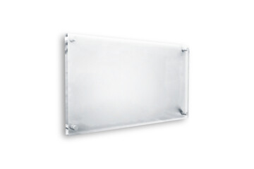 Fototapeta premium Empty glass name plate bolted, mockup isolated. Poster, banner empty holder, picture transparent frame mock-up. Office, exhibition gallery interior design element. 3d rendering.