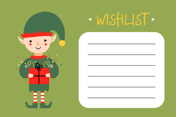 Christmas wishlist design for kids, children with copy space and illustration of christmas elf character in green costume holding gift, present. Winter holidays card template design. 
