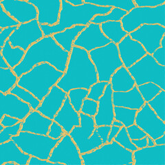 Gold kintsugi crack vector seamless pattern background. Golden irregular joined crackle lines on blue turquoise backdrop. Japanese art inspired broken repair lines effect.Craquelure texture repeat.