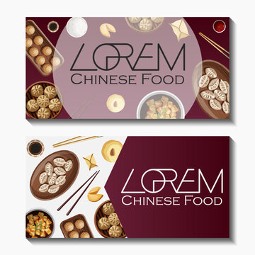 Set of vector template banners design with Chinese food and copy-space on white and dark red. Postcard, card, business card, flyer, promotion concept.