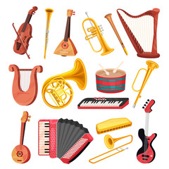 Different Musical Instrument with Stringed, Wind and Percussion Like Violin, Drum, Harp, Trumpet, Keyboard and Trombone Vector Set