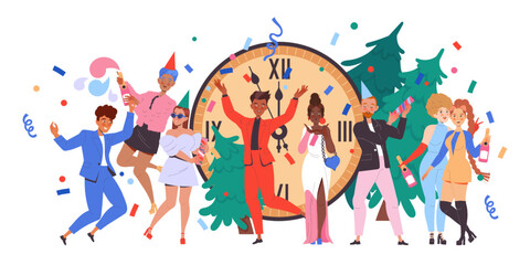 People Characters Celebrating New Year Holiday with Party Popper and Champagne Near Huge Clock and Fir Tree Vector Illustration