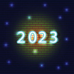 New Year's background. Brick wall with neon numbers and lights. Vector background.