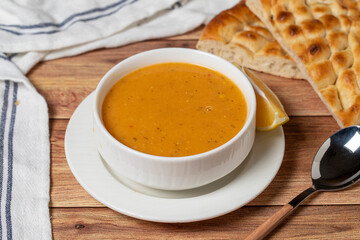 Lentil soup on wood floor. Turkish cuisine delicacies. local name ezo gelin corba