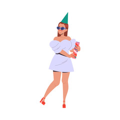 Cheerful Woman Character with Firecracker or Party Popper Celebrating New Year Holiday Vector Illustration