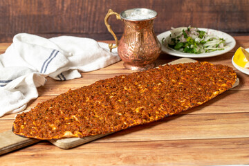 Spicy lahmacun. Turkish pizza / lahmacun. Traditional Turkish cuisine delicacies.