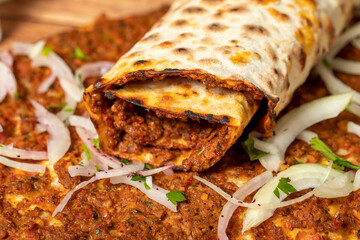 Spicy lahmacun. Turkish pizza / lahmacun. Traditional Turkish cuisine delicacies.