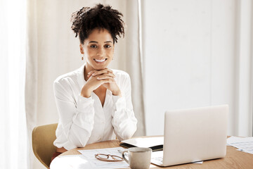 Portrait, laptop and black woman with smile, for startup company and happiness at desk in office....