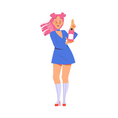 Cheerful Woman Character with Pink Hair and Blue Dress Holding Champagne Bottle Celebrating New Year Holiday Vector Illustration