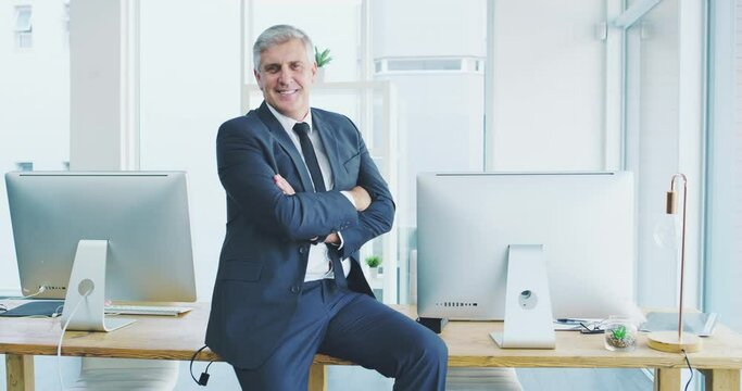 Portrait, senior and businessman in office for vision, goal and mission, proud and motivation on mockup. Business, leader and elderly ceo man with corporate, company and startup, strategy and success