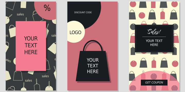 Sales seamless patterned set of backgrounds for social media. Vertical ads with shopping bag, labels and text. Wallpapers for price discount. Black, pink, white. Vector flat design with copy space.