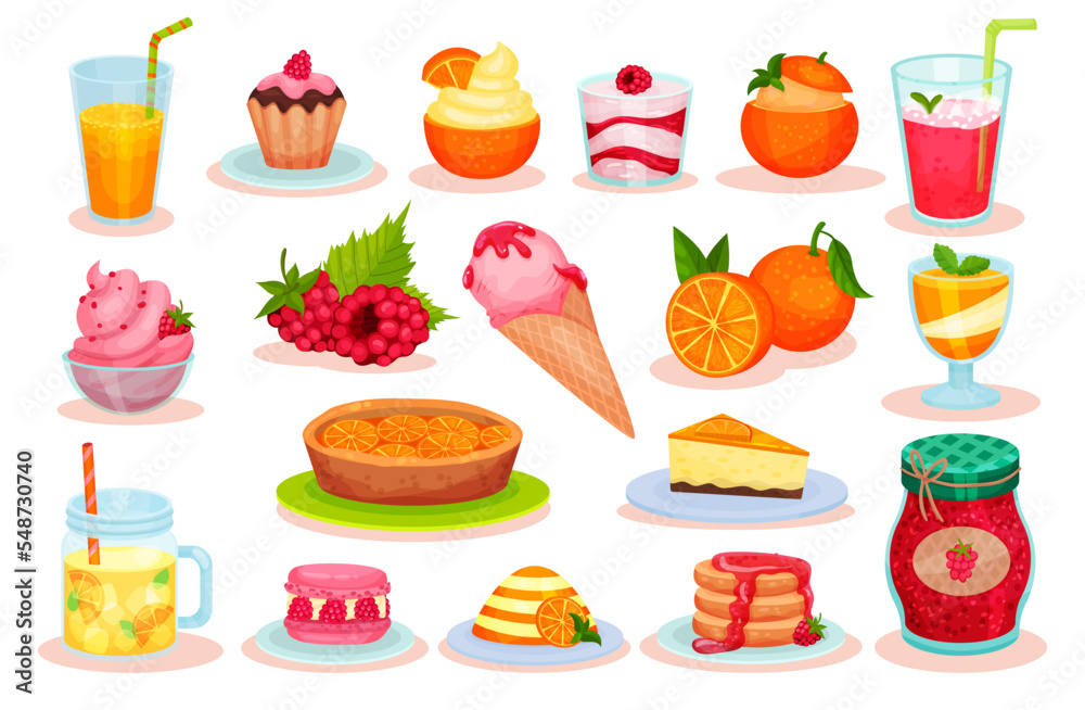 Poster Bright Orange and Raspberry Dessert and Refreshing Drinks Big Vector Set