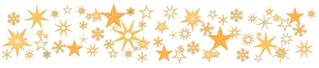 Christmas decoration in orange on banner - different snowflakes and ice stars on transparent background - 3D Illustration