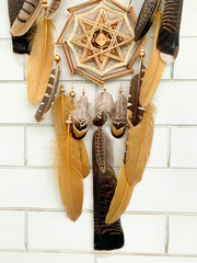 Close up pheasant feathers dream catcher bohemian wall hanging craft outdoors