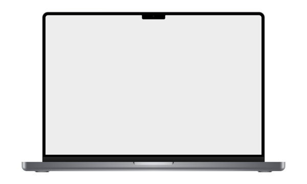 Silver laptop with blank white screen. Realistic vector graphic.