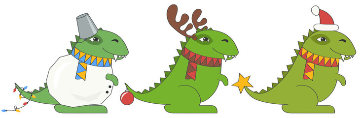 Dino Santa Claus Tyrannosaurus set. Christmas funny cartoon dinosaur in hat and scarf isolated on transparent background. Hand drawn PNG illustration. Cute green dragon