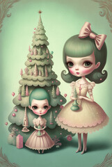 Creepy Cute Surreal Christmas Doll, Vintage Winter Holidays Illustration, Lowbrow style, Pop Surrealist Merry Christmas Card, Big eyes doll