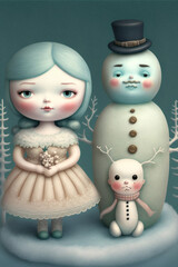 Creepy Cute Surreal Christmas Doll, Vintage Winter Holidays Illustration, Lowbrow style, Pop Surrealist Merry Christmas Card, Big eyes doll