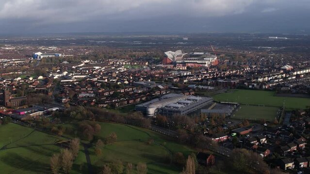 Aerial view of Anfield and Goodison Park Stadiums amongst the suburbs of Liverpool 