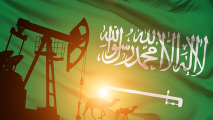 Plakat Oil rigs on the Saudi Arabia flag background.