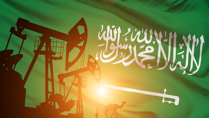 Naklejka na ściany i meble Oil rigs on the Saudi Arabia flag background.