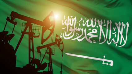 Oil rigs on the Saudi Arabia flag background.