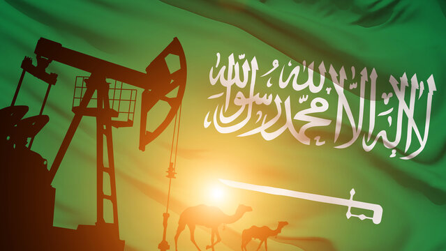 Oil Rigs On The Saudi Arabia Flag Background.