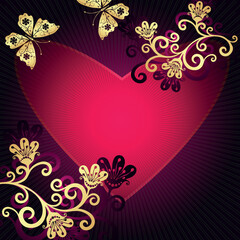 Purple Valentines frame with red  hearts and floral golden pattern and butterflies. Vector