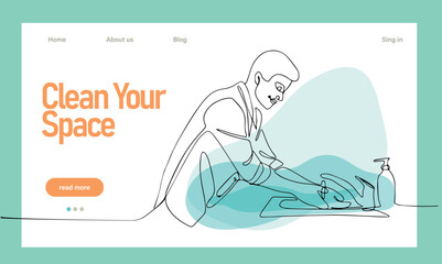 Home cleaning service landing page design concept, illustration of janitors with cleaning tools. Vector illustration
