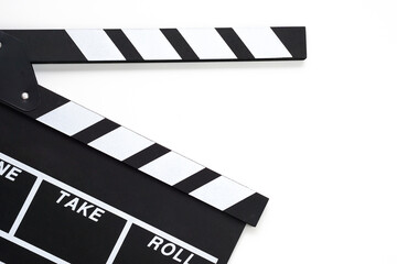 Clapperboard or movie slate black color on white background. Cinema industry, video production and...