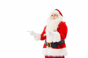 Santa Claus points hand to a place for an inscription on a white background.