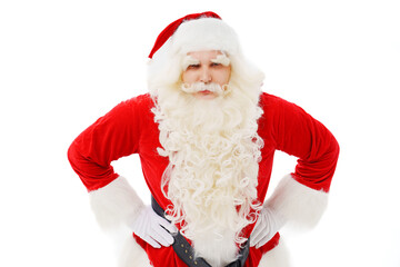 sad Santa Claus stands with your hands on your belt on a white background.