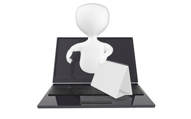 3d character , man coming out laptop screen with a empty notepad calender