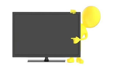 3d yellow character , pointing his hand towards television screen