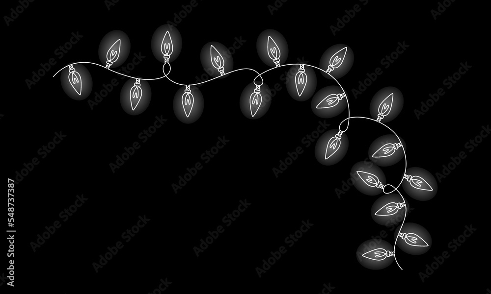 Aufkleber One continuous line drawing of Christmas garland with light bulbs. Festoon xmas string and divider border on black background in simple linear style. Editable stroke. Doodle vector illustration