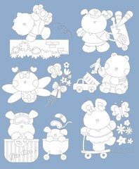 Background of set of pets, rabbit, toy, baseball, baby fashion, animals, rapport stamp, puppies, 