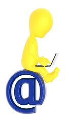 3d yellow character using laptop while sitting on top of email symbol