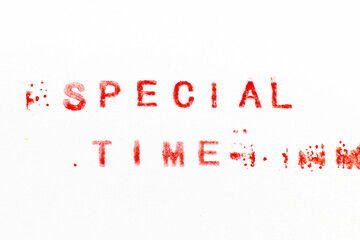 Red color ink rubber stamp in word special time on white paper background
