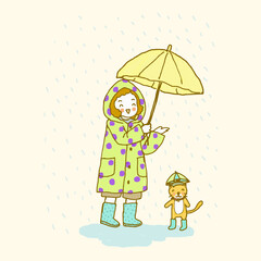 Happy children holding umbrella and cat, freehand drawn style