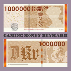 Set of vector gaming currency. The inscriptions in Danish mean one million crowns, the Danish national bank. Obverse and reverse game fictional banknotes