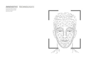 Low poly female human face biometric identification. Recognition system concept. Personal data secure access scanning innovation technology. 3D polygonal rendering vector illustration