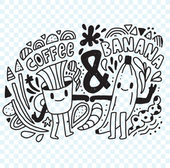 coffee cup and banana with abstract doodles