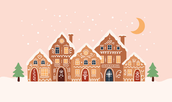 Gingerbread houses christmas scene. Cute vector illustration in flat cartoon style