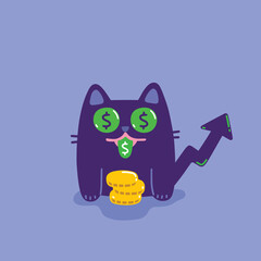 Cute funny cartoon cat with gold money. Investment cheerful concept. Business illustration with pet character.