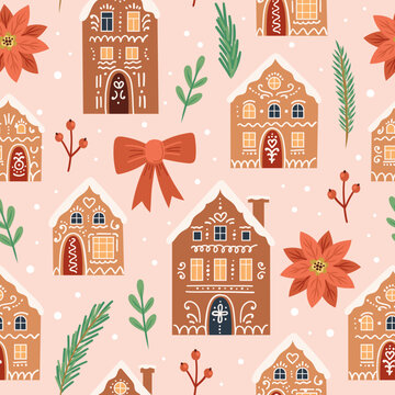 Gingerbread houses christmas pattern. Cute vector illustration in flat cartoon style
